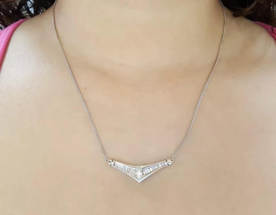 Marquise & Baguette Cut Diamond Necklace 18" 0.95 ct 14K White Gold Rtl 2,295