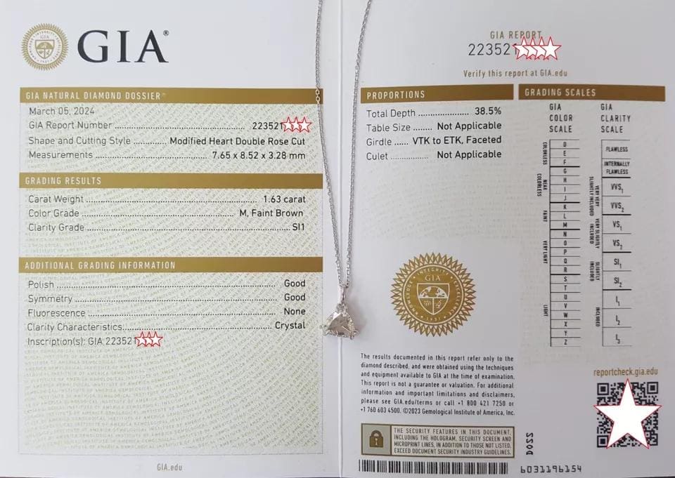 Antique Heart Trillion Double Rose Cut Diamond Solitaire Necklace 1.63 ct 14K WG