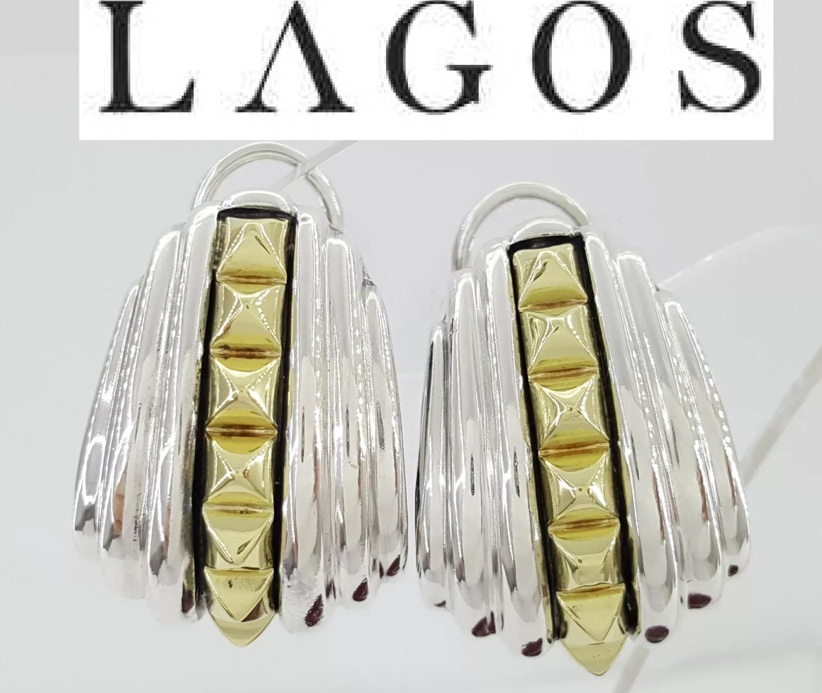 Lagos Caviar 18K Yellow Gold & Silver Hoop Shrimp Earrings 21.2 Grams 1.1"