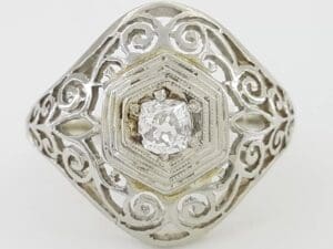 Antique Art Deco Old Mine Cut Diamond Engagement Ring 0.22 ct 18k White Gold