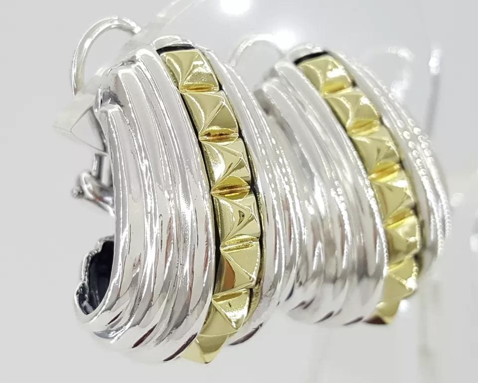 Lagos Caviar 18K Yellow Gold & Silver Hoop Shrimp Earrings 21.2 Grams 1.1"