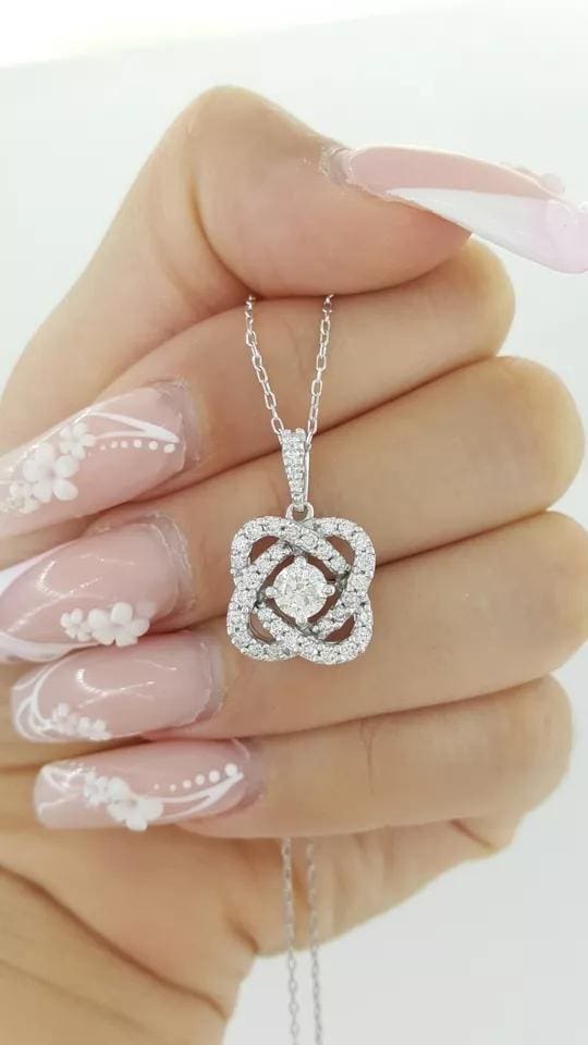 Round Diamond Crossover Halo Pendant Necklace 14K White Gold 1 ct Retail 2995