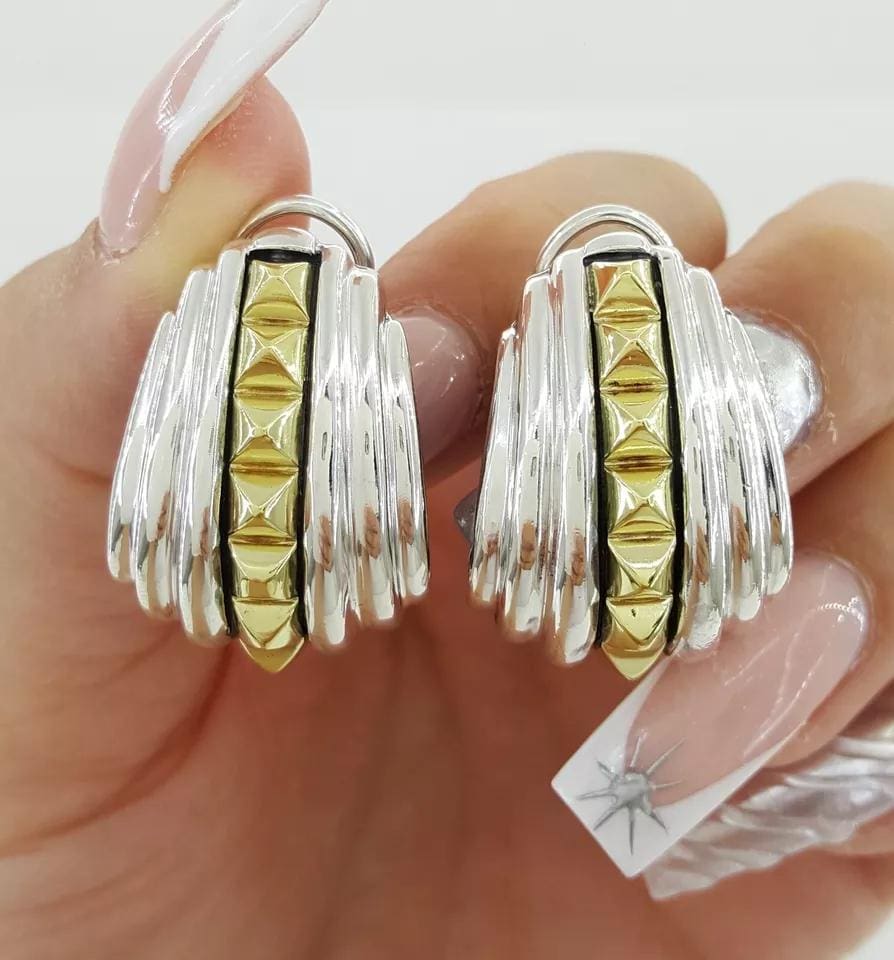 Lagos Caviar 18K Yellow Gold & Silver Hoop Shrimp Earrings 21.2 Grams 1.1"