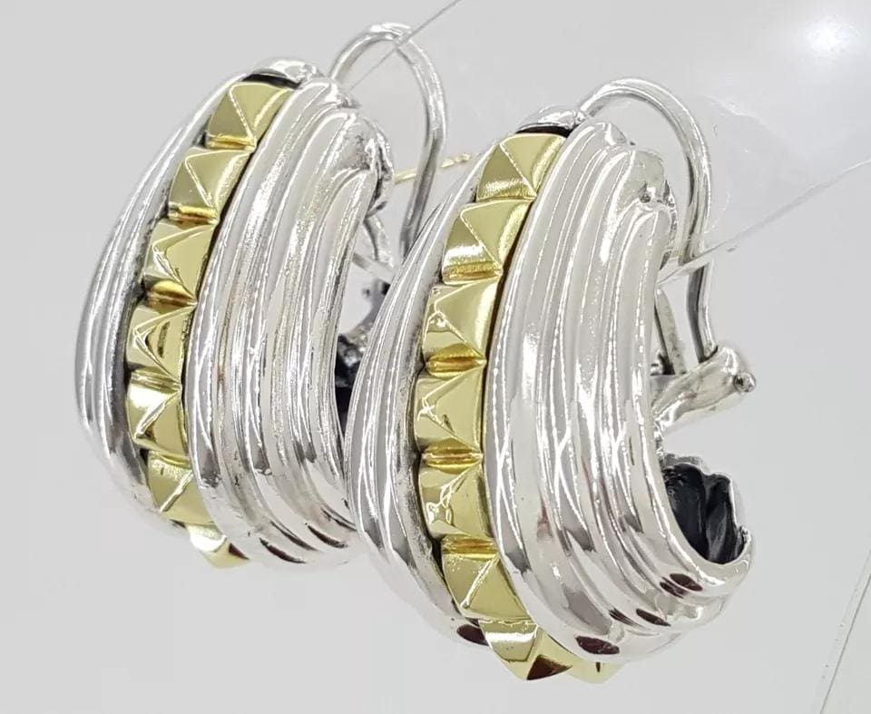 Lagos Caviar 18K Yellow Gold & Silver Hoop Shrimp Earrings 21.2 Grams 1.1"