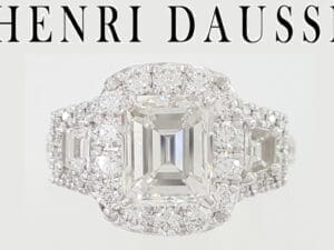 Henri Daussi Emerald Cut Diamond 3.6 ct Halo 3-Stone Engagement Ring Rtl $45.5K