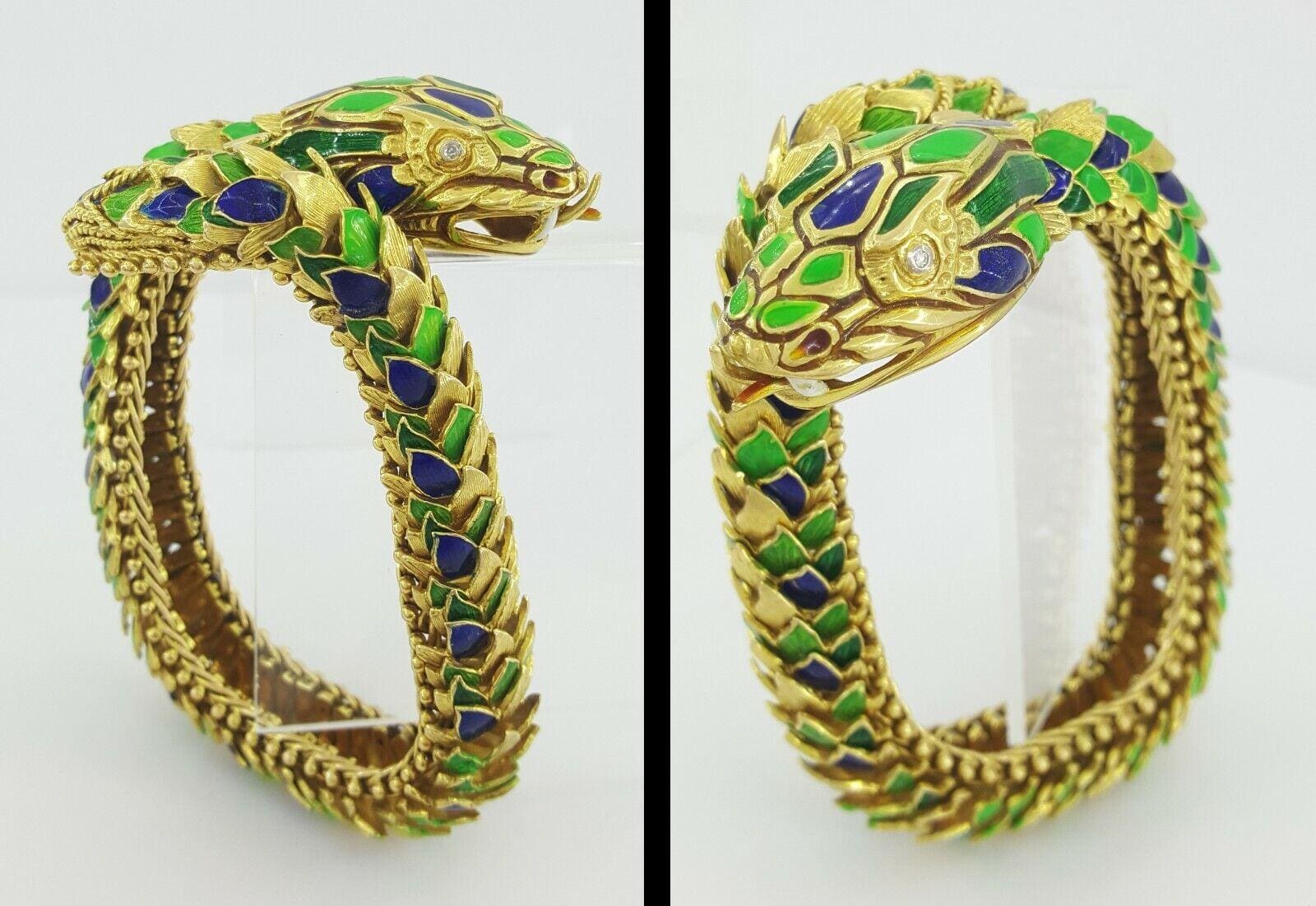 Vintage 18K Yellow Gold Enamel Viper Snake Bracelet Bangle 147.3 Grams