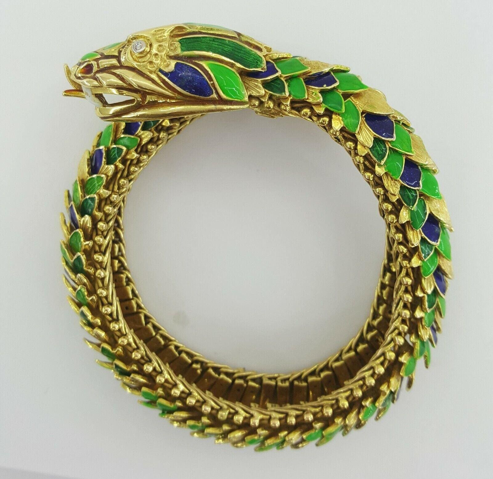 Vintage 18K Yellow Gold Enamel Viper Snake Bracelet Bangle 147.3 Grams