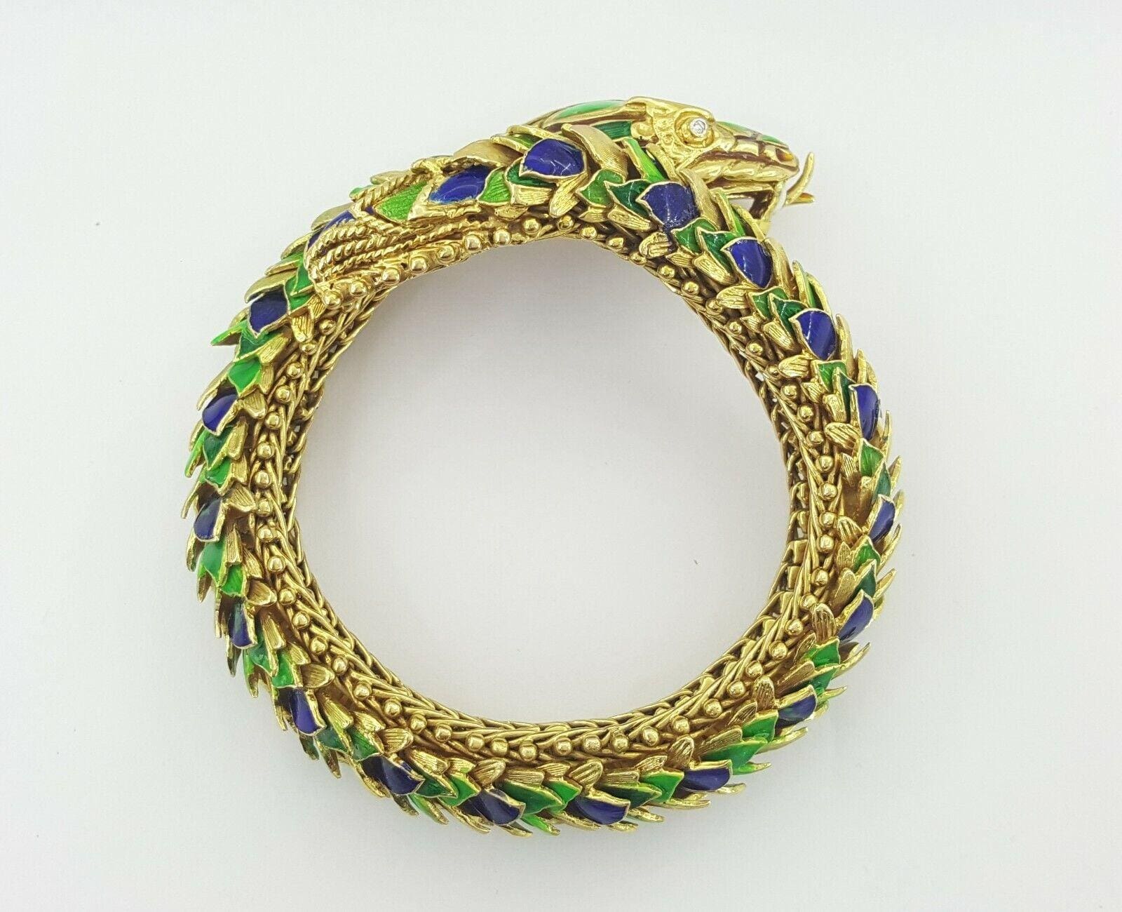 Vintage 18K Yellow Gold Enamel Viper Snake Bracelet Bangle 147.3 Grams