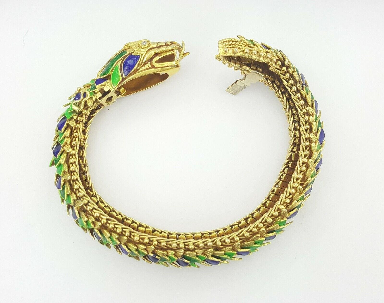 Vintage 18K Yellow Gold Enamel Viper Snake Bracelet Bangle 147.3 Grams