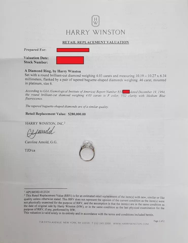 Harry Winston Classic Round Brilliant Diamond Engagement Ring 4.49 ct Rtl $280k