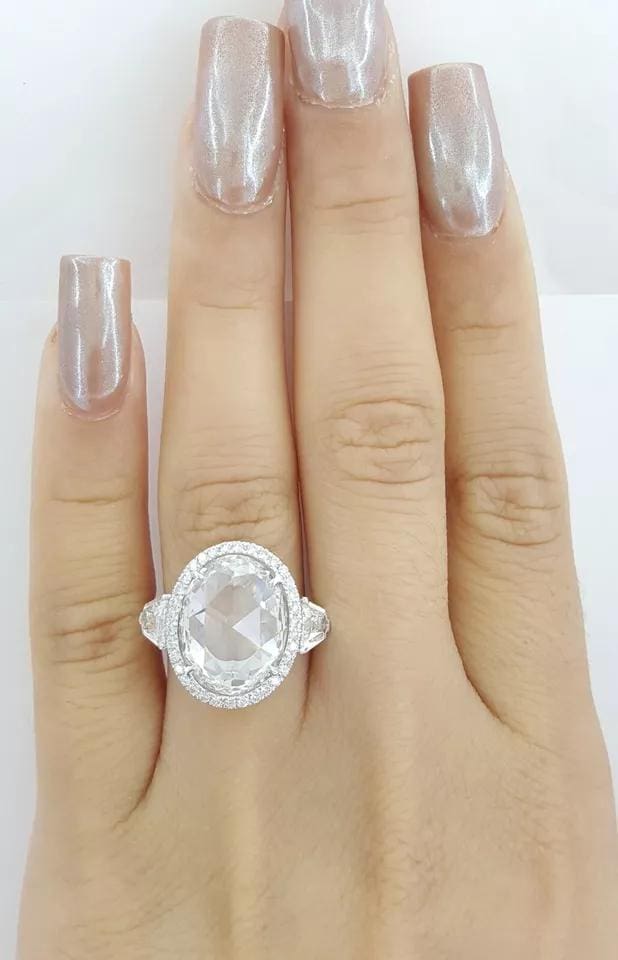 Oval Rose Cut Diamond Halo 3-Stone Engagement Ring 6.44 ct Platinum Retail $350K