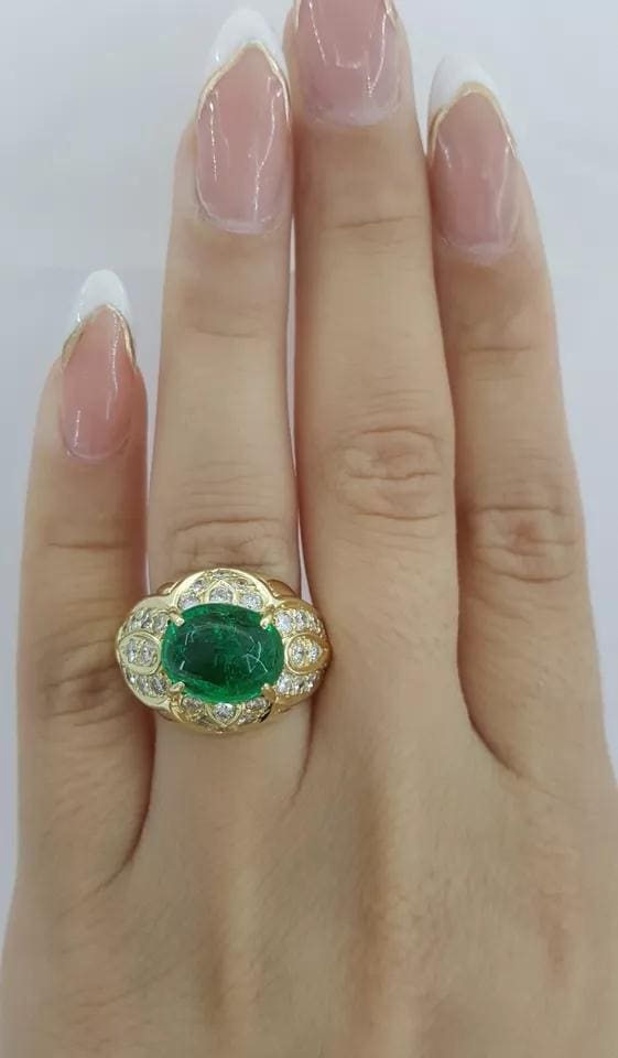 Vintage Sugarloaf Cabochon Green Emerald & Diamond 5.3 ct 18k Yellow Gold Ring