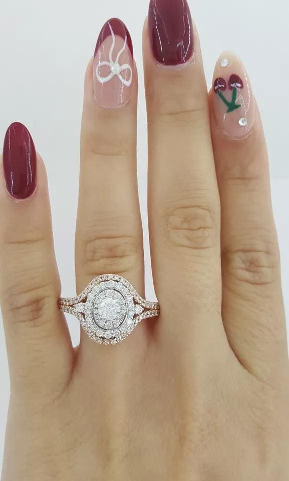 Round Diamond Double Halo 1 ct 14k White & Rose Gold Engagement Ring Rtl $3K