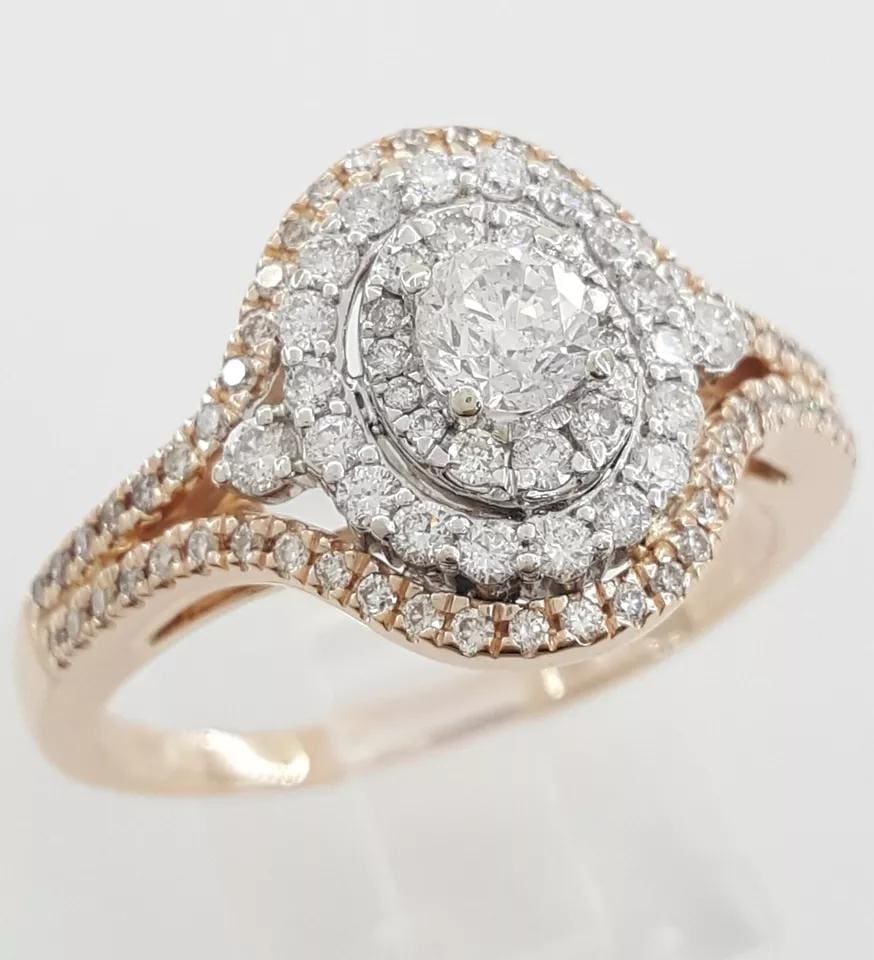 Round Diamond Double Halo 1 ct 14k White & Rose Gold Engagement Ring Rtl $3K