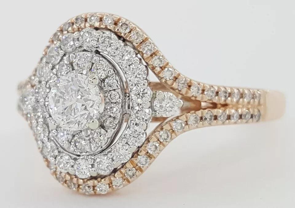 Round Diamond Double Halo 1 ct 14k White & Rose Gold Engagement Ring Rtl $3K