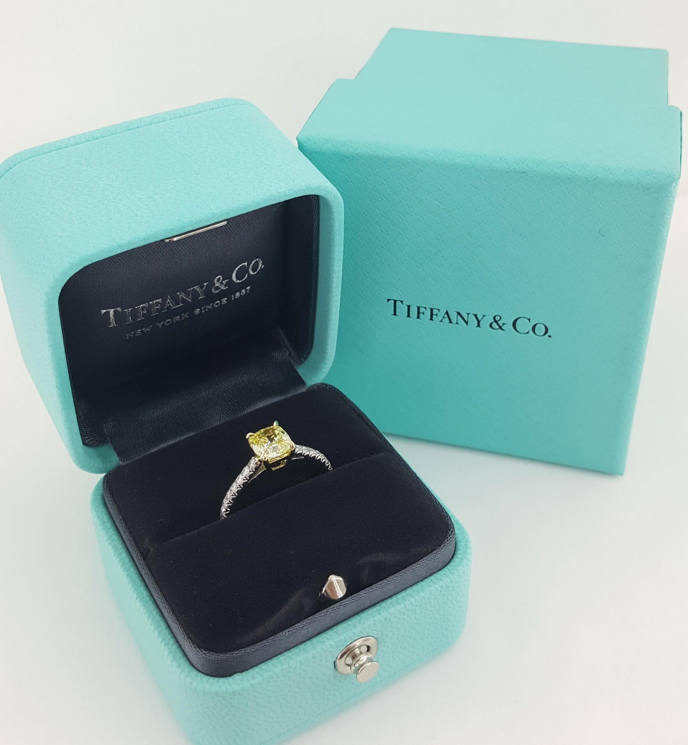 Tiffany & Co Novo Fancy Intense Yellow Cushion Diamond Engagement Ring 1.19 ct