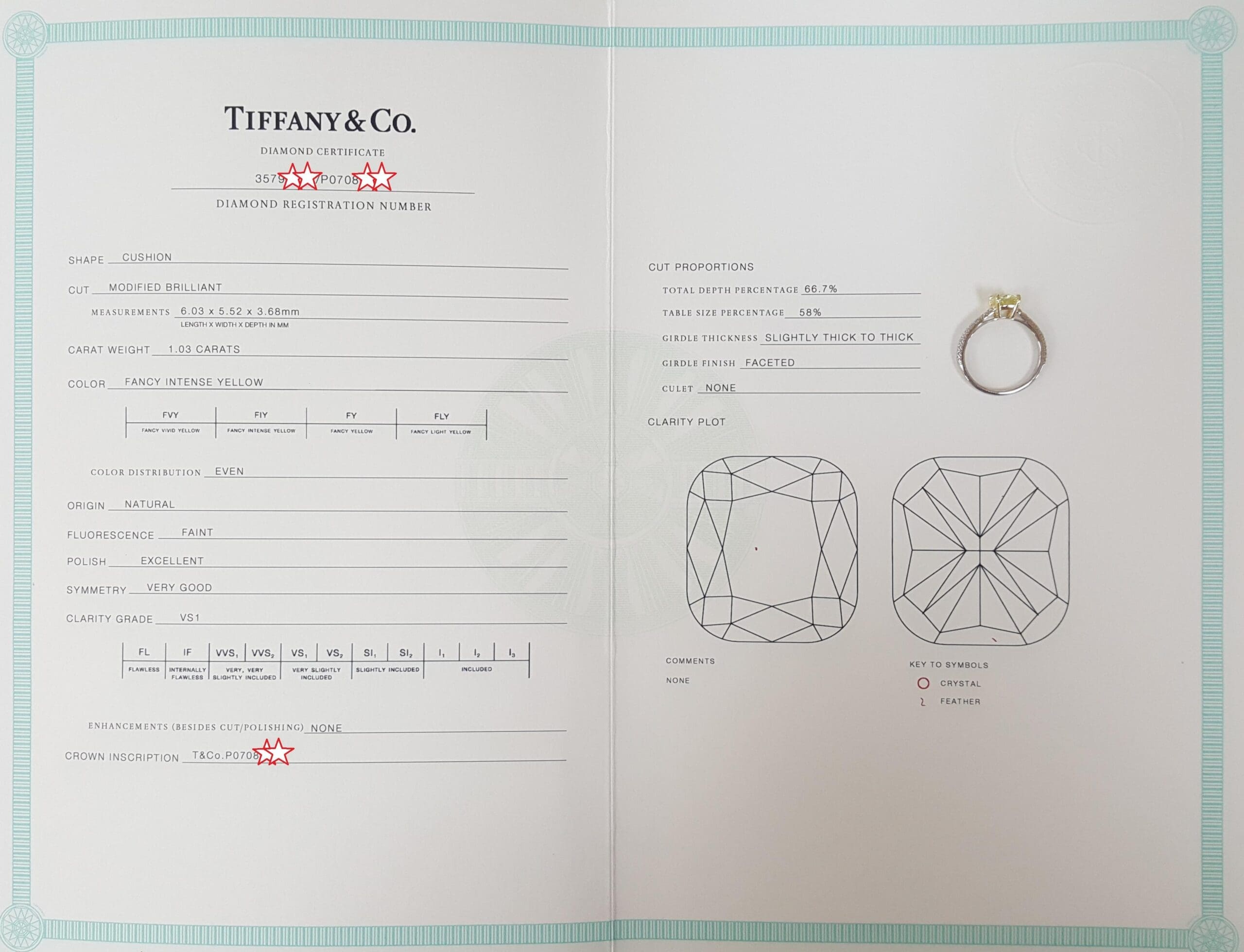 Tiffany & Co Novo Fancy Intense Yellow Cushion Diamond Engagement Ring 1.19 ct