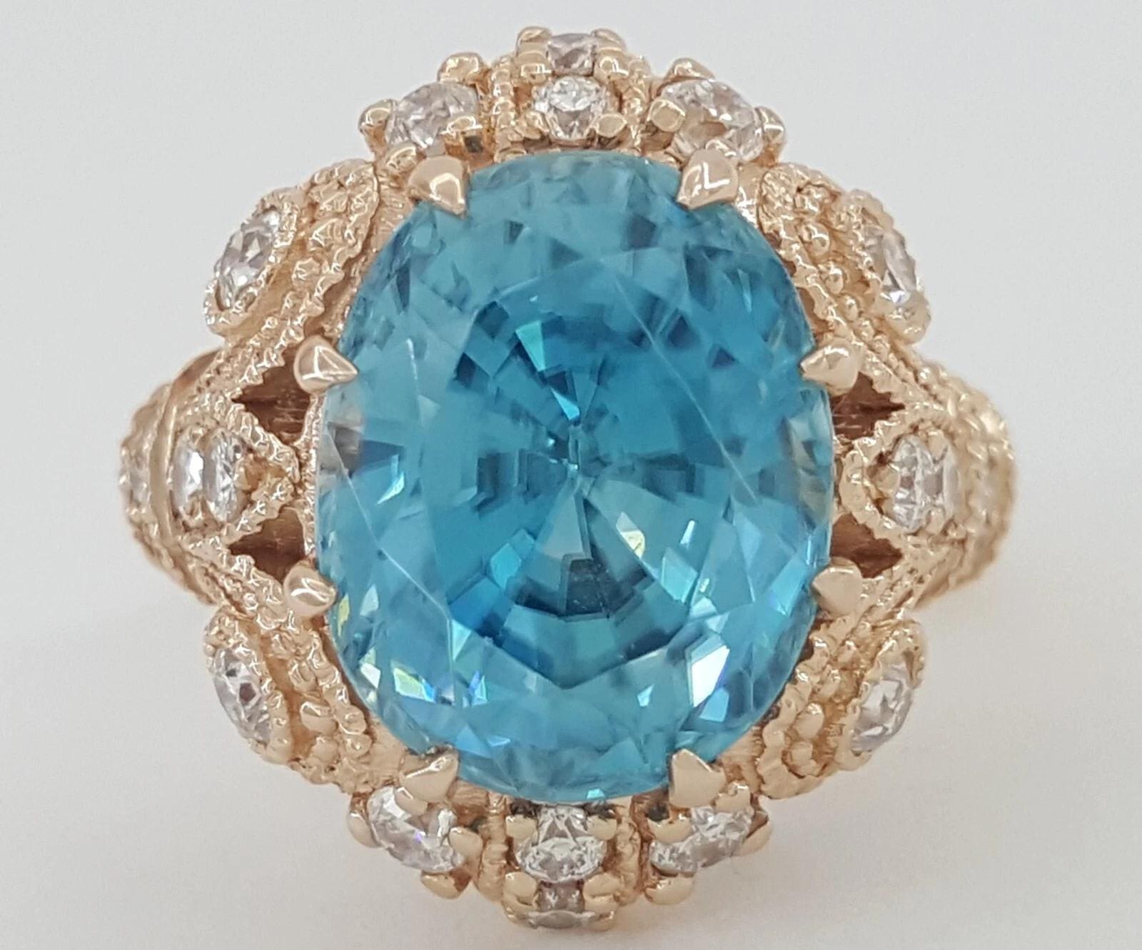 Oval Cut Blue Zircon & Diamond Cocktail Statement Ring 8.08 ct 14k Rose Gold