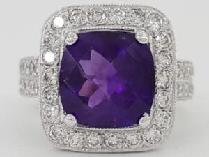 Cushion Checkerboard Amethyst Diamond Halo Ring 2.5 ct 14k White Gold