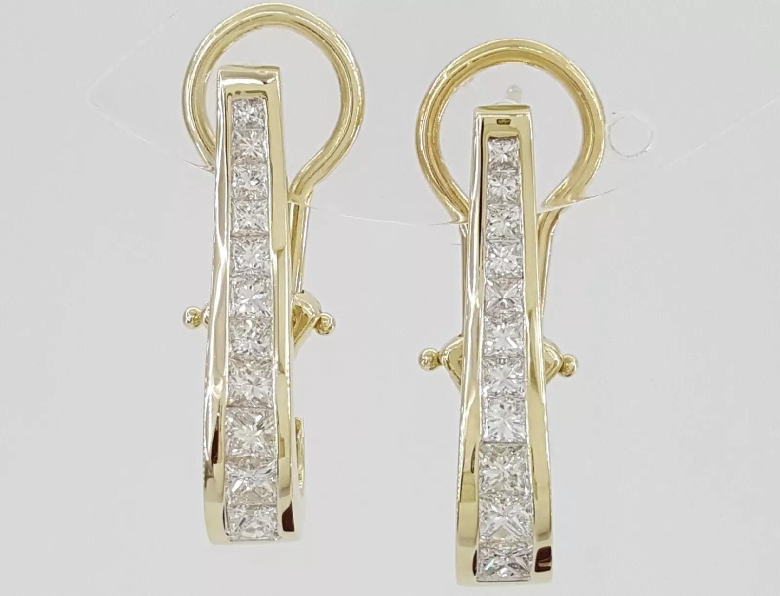 Princess Diamond Channel Set Omega Hoop Earrings 1.2 ct 14K Yellow Gold