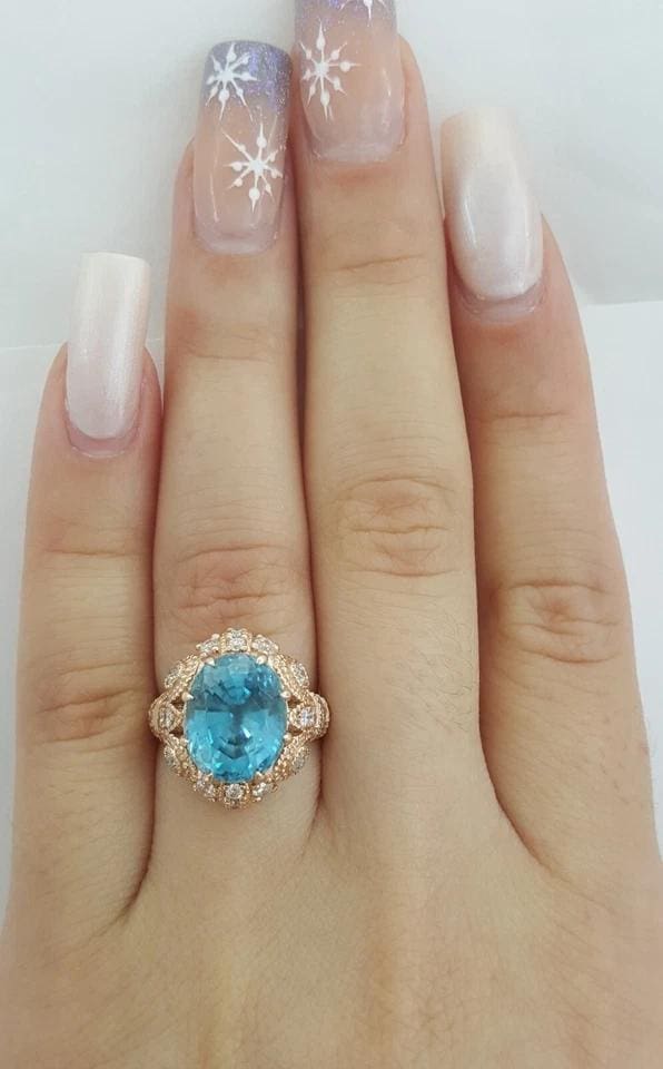 Oval Cut Blue Zircon & Diamond Cocktail Statement Ring 8.08 ct 14k Rose Gold
