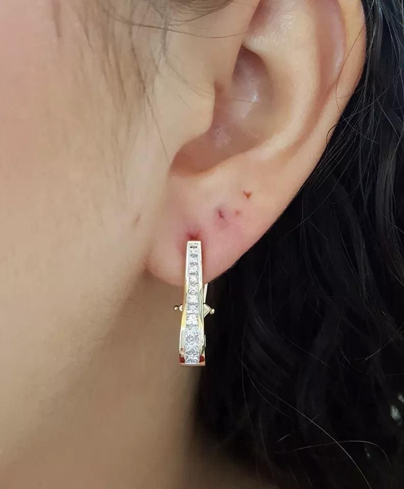 Princess Diamond Channel Set Omega Hoop Earrings 1.2 ct 14K Yellow Gold