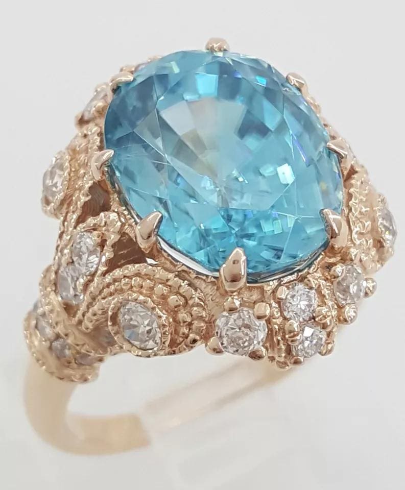 Oval Cut Blue Zircon & Diamond Cocktail Statement Ring 8.08 ct 14k Rose Gold
