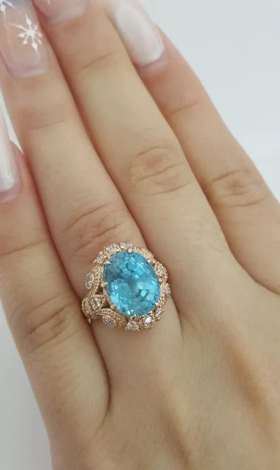 Oval Cut Blue Zircon & Diamond Cocktail Statement Ring 8.08 ct 14k Rose Gold