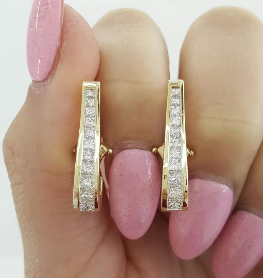 Princess Diamond Channel Set Omega Hoop Earrings 1.2 ct 14K Yellow Gold