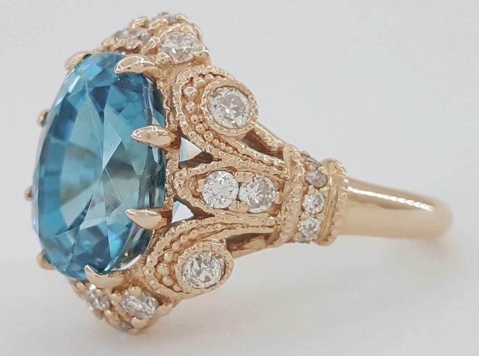 Oval Cut Blue Zircon & Diamond Cocktail Statement Ring 8.08 ct 14k Rose Gold