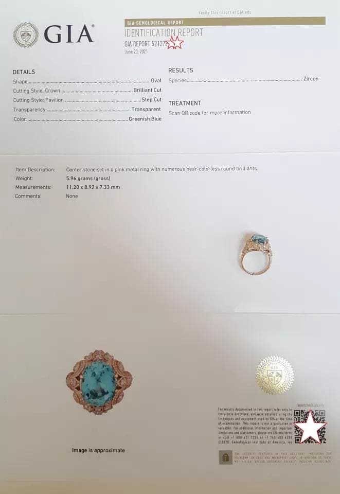 Oval Cut Blue Zircon & Diamond Cocktail Statement Ring 8.08 ct 14k Rose Gold