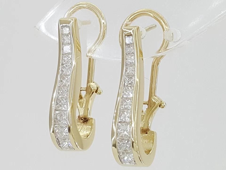 Princess Diamond Channel Set Omega Hoop Earrings 1.2 ct 14K Yellow Gold