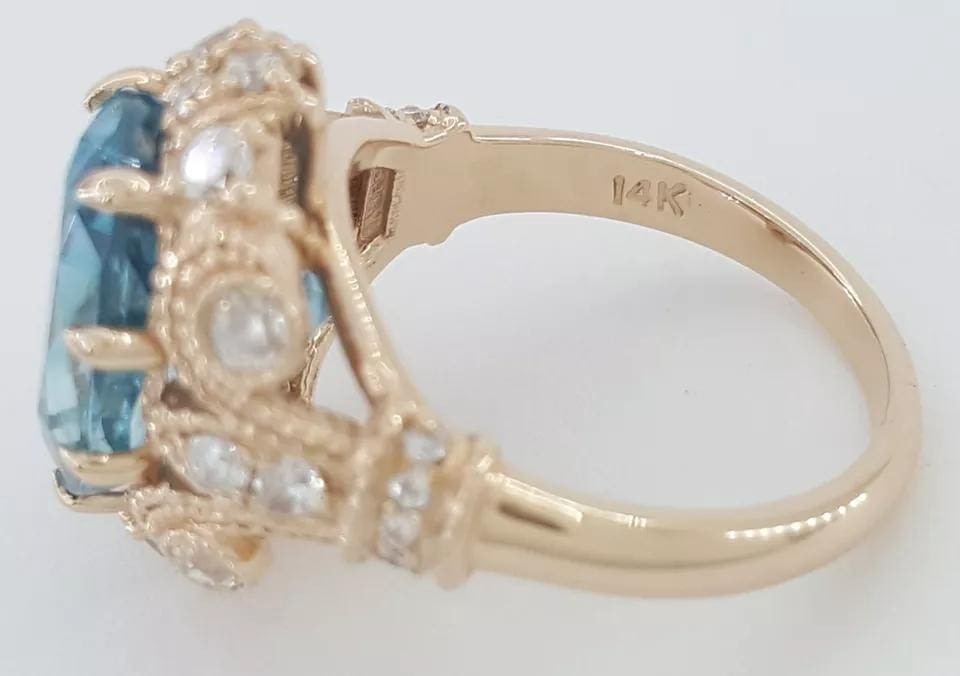 Oval Cut Blue Zircon & Diamond Cocktail Statement Ring 8.08 ct 14k Rose Gold