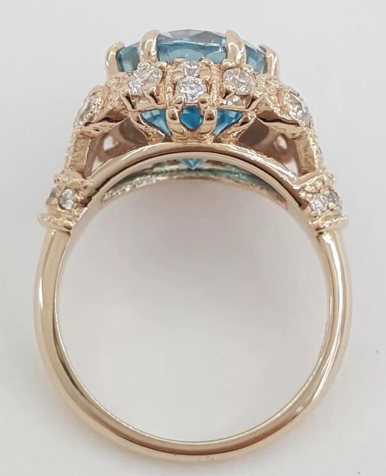 Oval Cut Blue Zircon & Diamond Cocktail Statement Ring 8.08 ct 14k Rose Gold