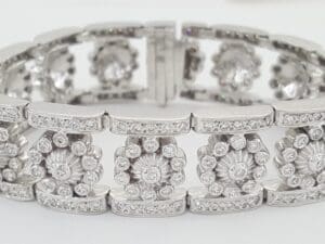 Doris Panos Vintage Flower Bracelet 5.14 ct 77.8 Grams 18 mm Wide 18K White Gold