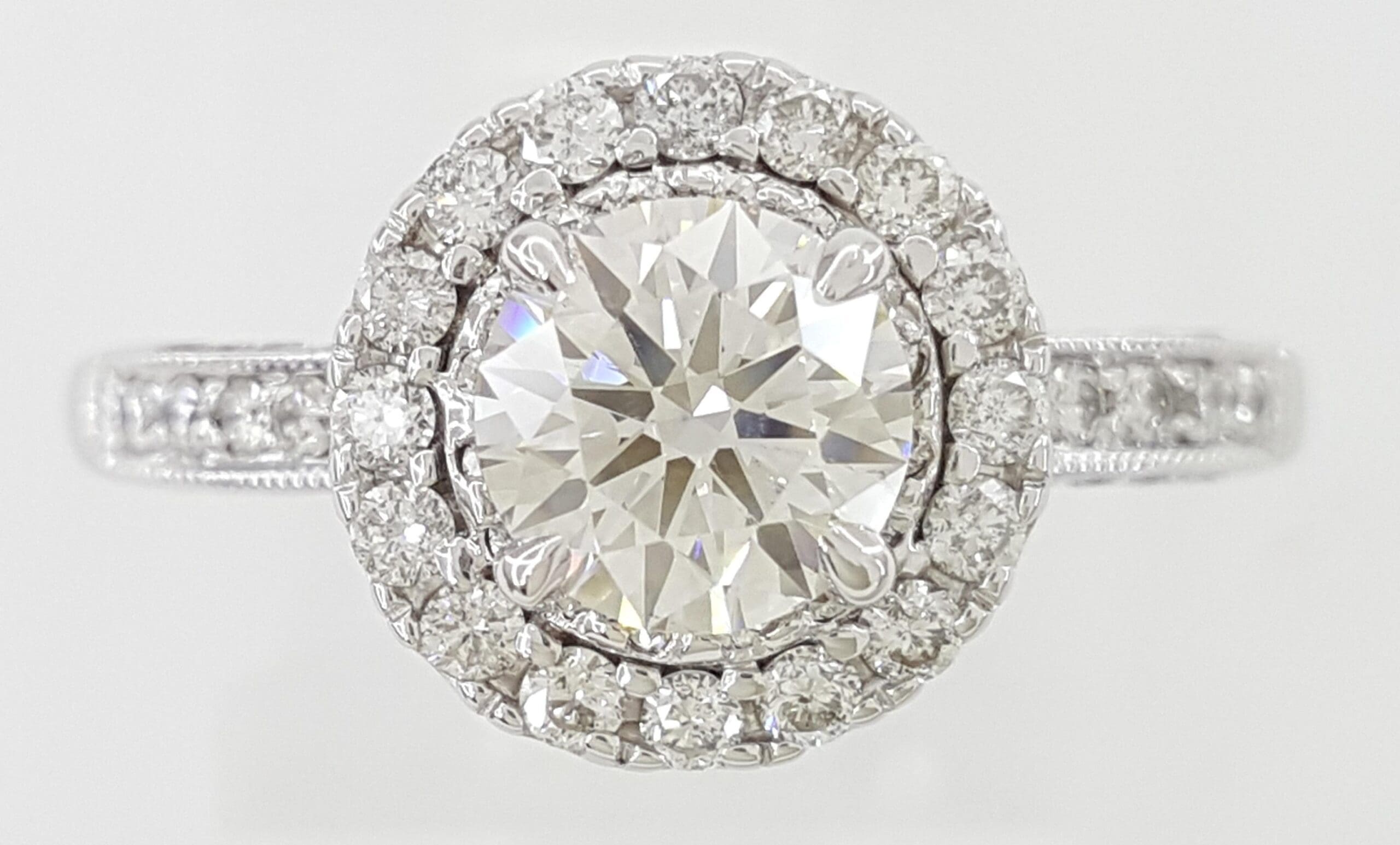 Natural Round Diamond Halo Engagement Ring 1.5 ct 18k White Gold GIA Retail $8K