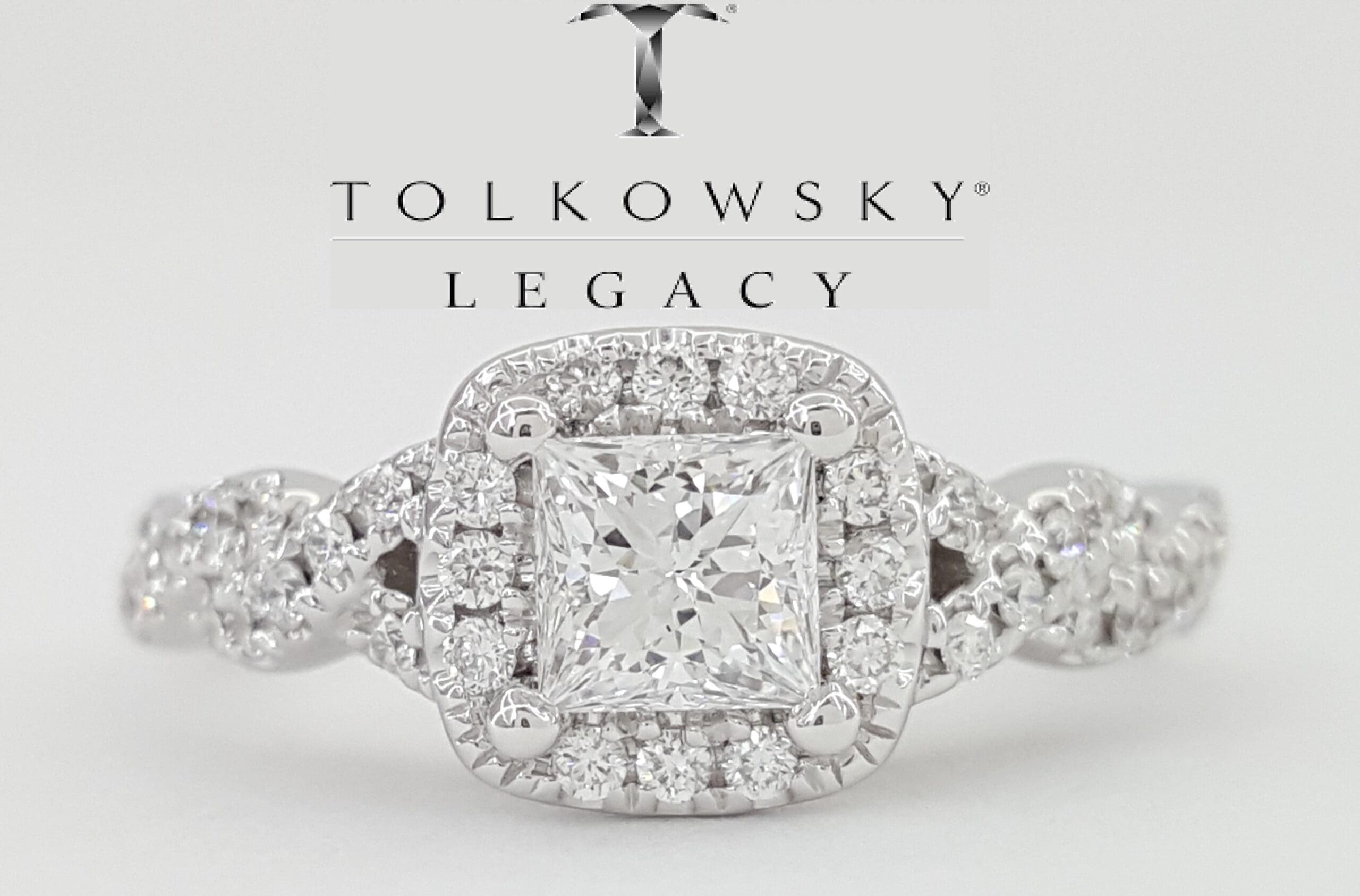 Tolkowsky Princess Cut Diamond Crossover Engagement Ring 0.85 ct 14k White Gold