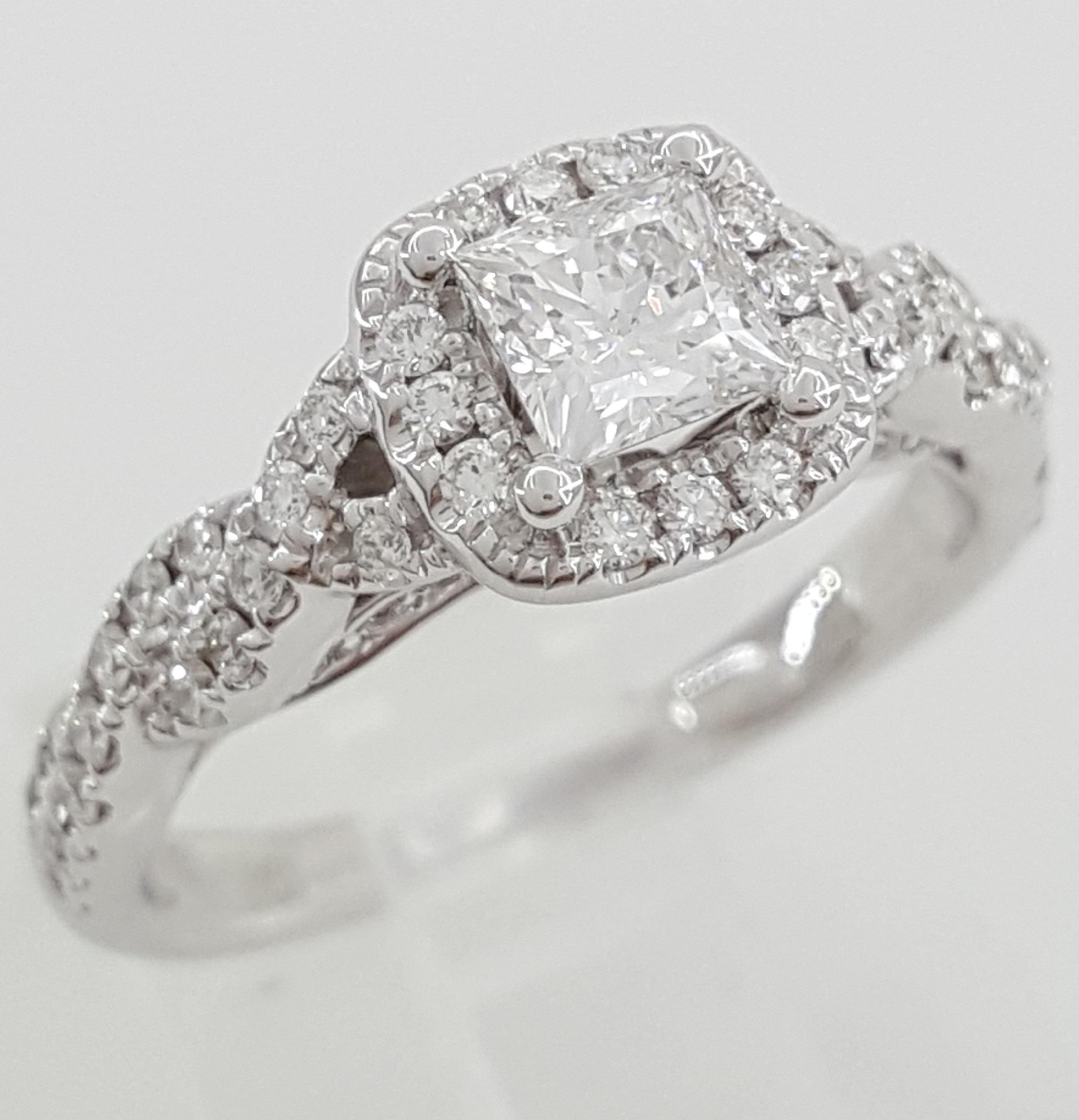 Tolkowsky Princess Cut Diamond Crossover Engagement Ring 0.85 ct 14k White Gold
