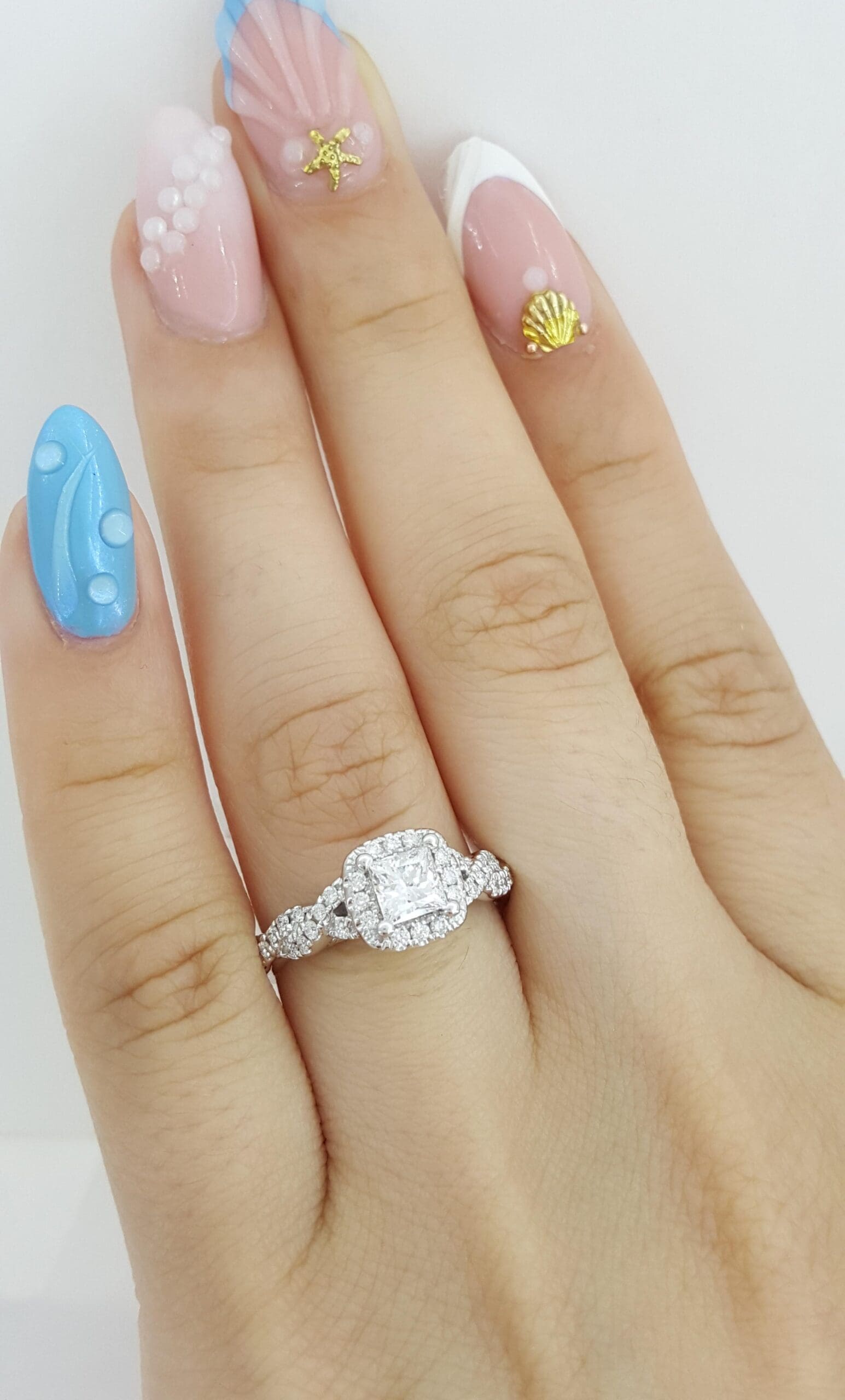 Tolkowsky Princess Cut Diamond Crossover Engagement Ring 0.85 ct 14k White Gold