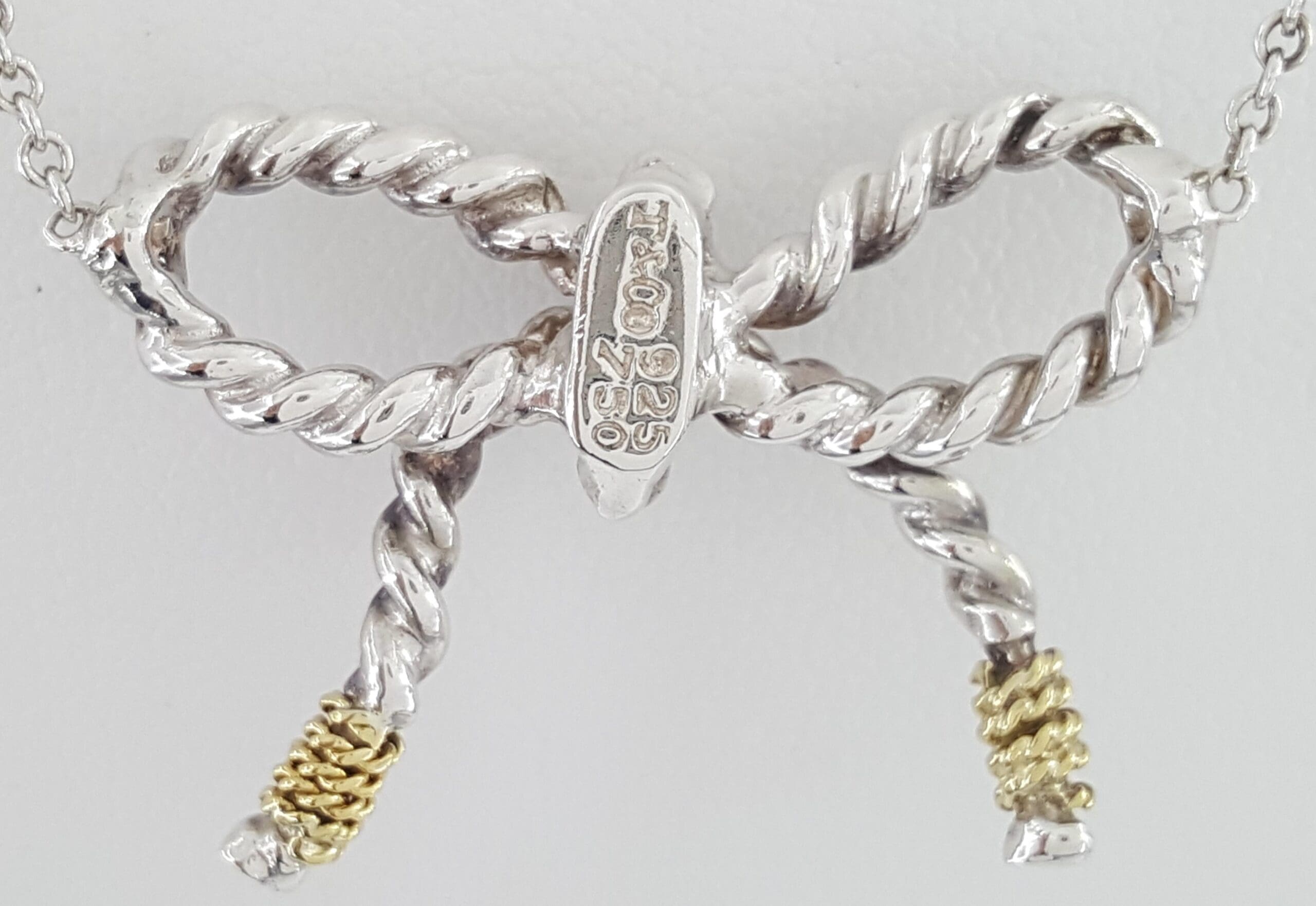 Tiffany & Co Rope Ribbon Bow Pendant Necklace Silver & 18K Gold 18"
