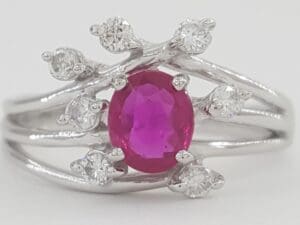 Oval Ruby & Round Diamond Statement / Engagement Ring 0.9 ct Platinum