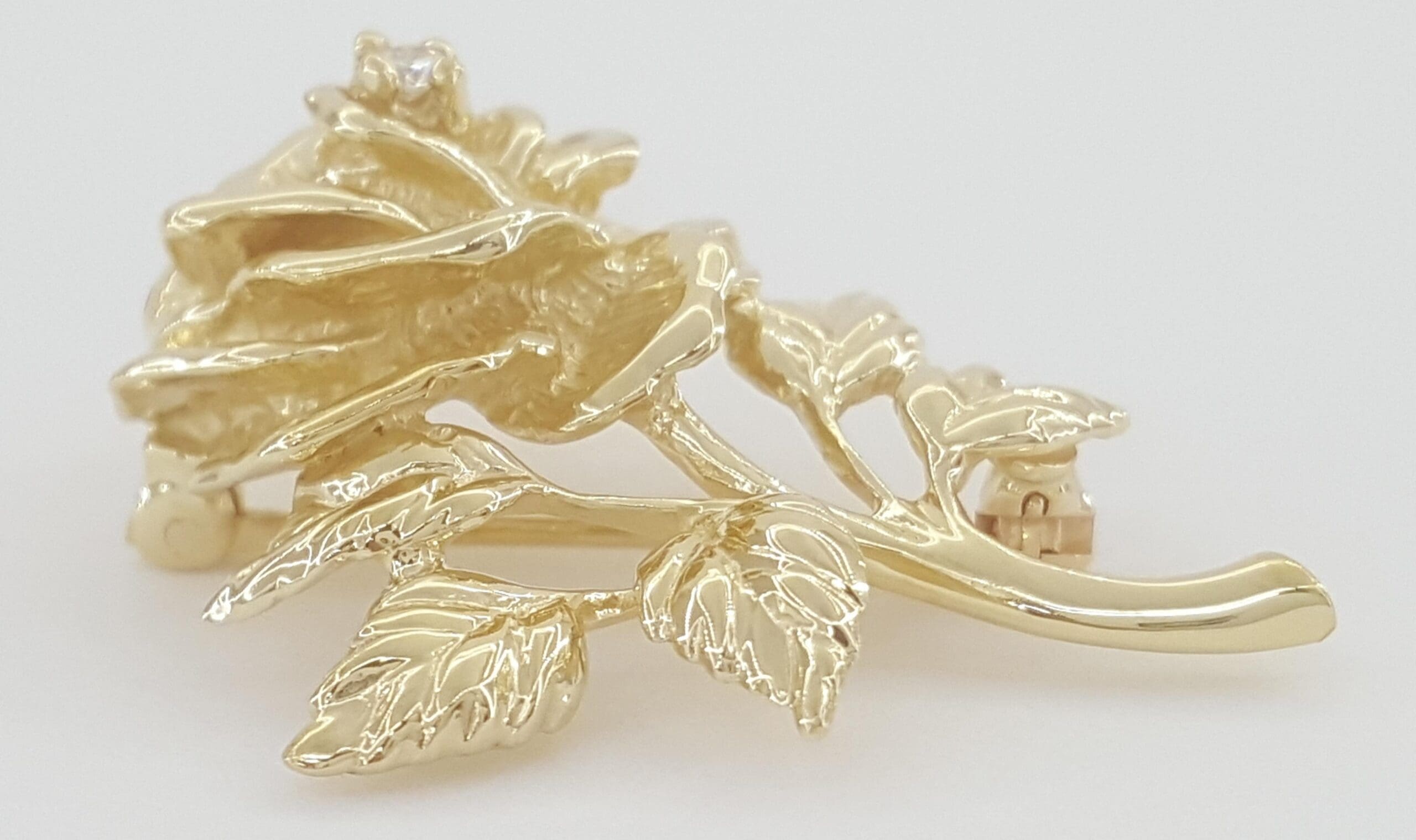 Vintage Tiffany & Co Diamond Rose Flower Brooch Pin 14k Yellow Gold 1.4” 1970s