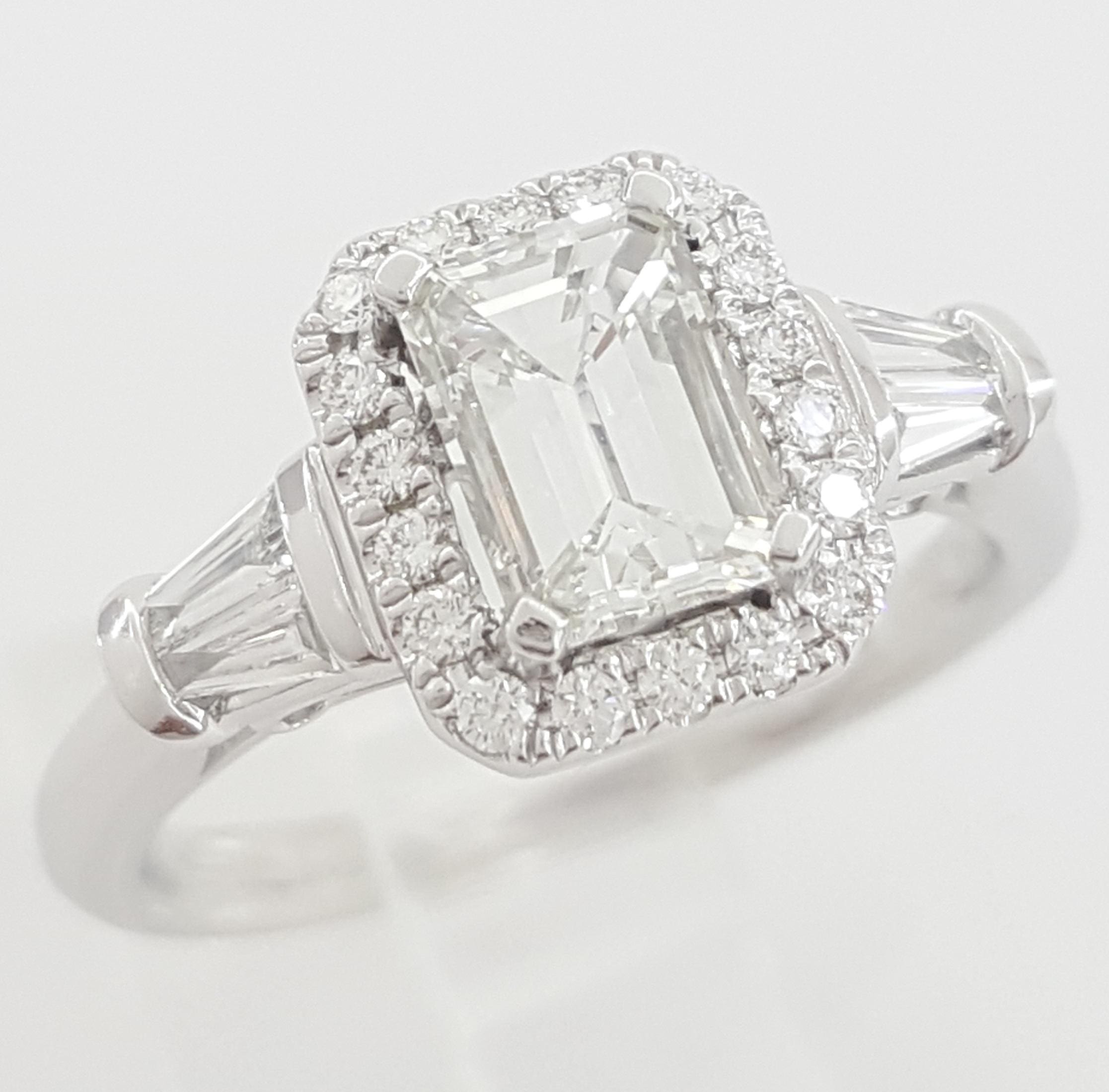 Emerald Cut Diamond Halo Engagement Ring 1.08 ct Platinum