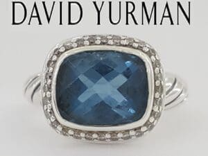 David Yurman Albion Cushion Blue Topaz & Round Diamond 0.19 ct Halo Silver Ring