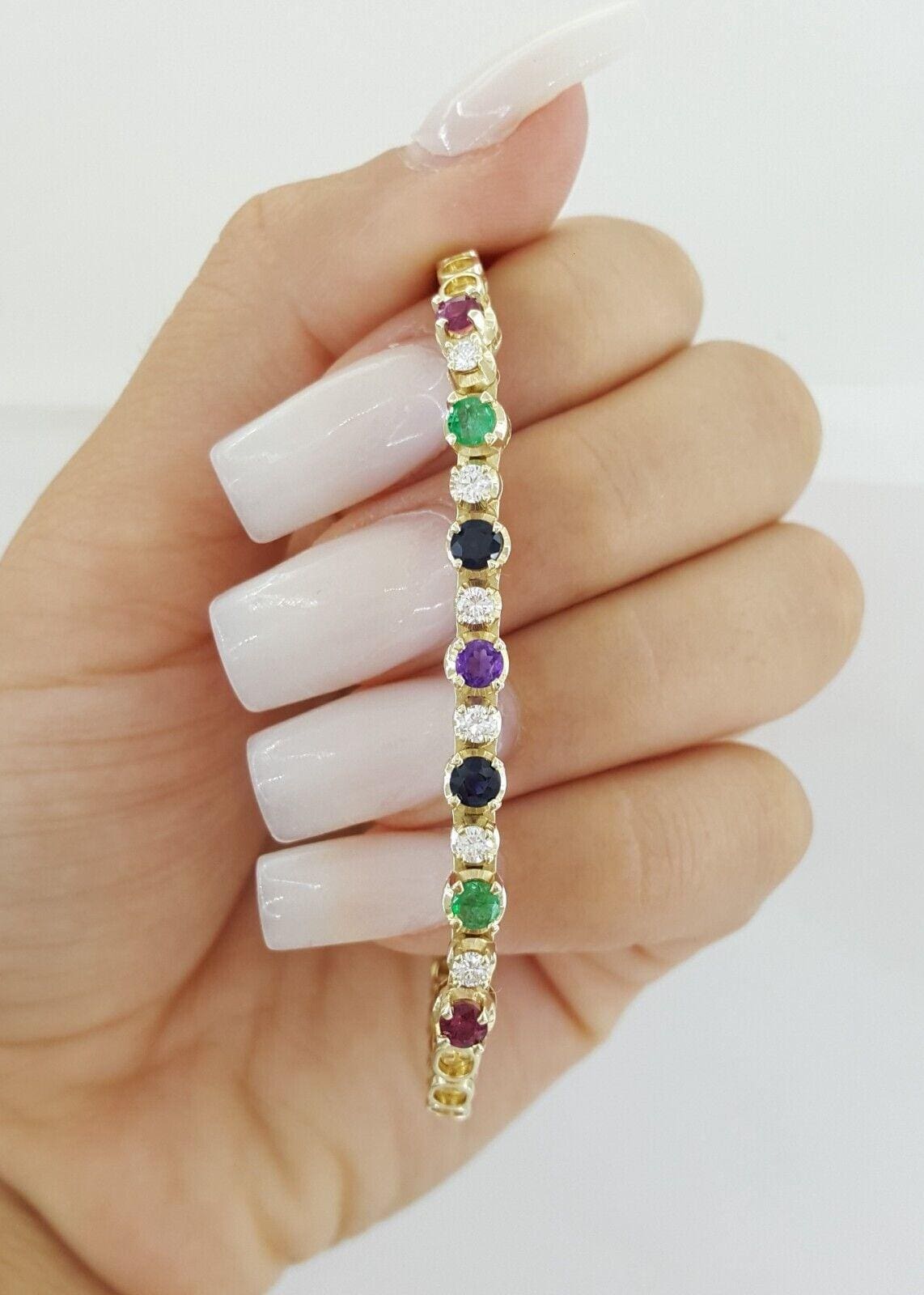 Diamond Ruby Emerald Sapphire Amethyst Tennis Bracelet 1.35 ct 14k Gold 7"