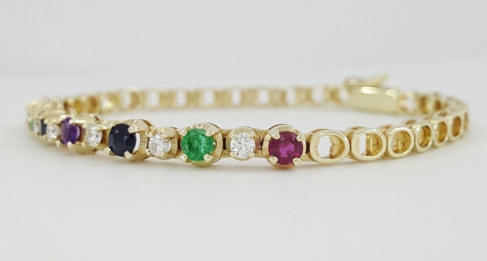 Diamond Ruby Emerald Sapphire Amethyst Tennis Bracelet 1.35 ct 14k Gold 7"