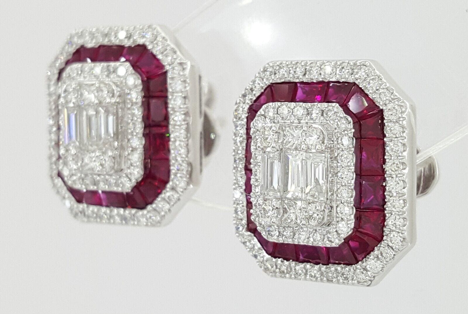 18k White Gold 3.39 ct Round & Baguette Diamond Ruby Halo Stud Earrings 12gm