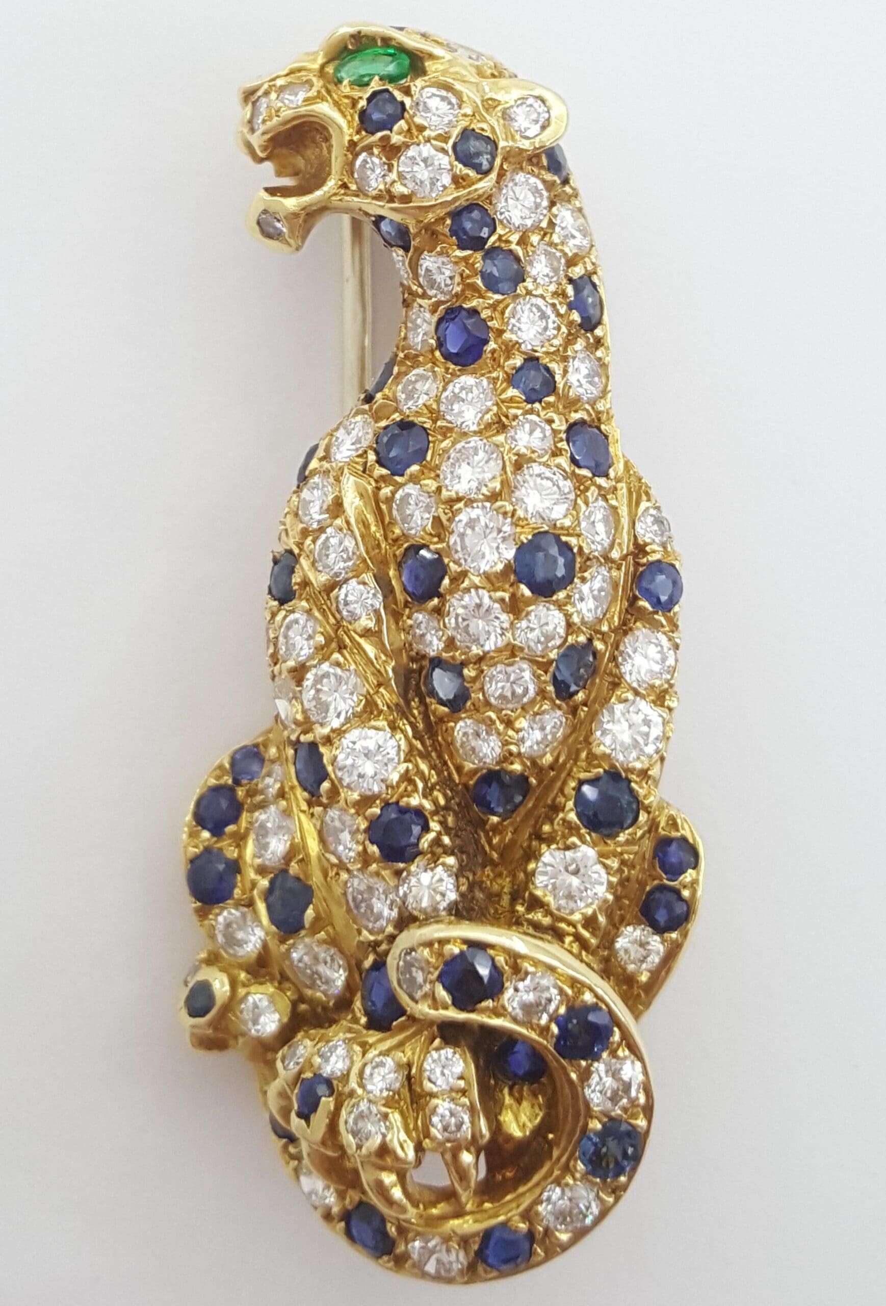 Vintage Panther Diamond Sapphire Emerald Brooch 1.9 ct 18k 1.6" French Made