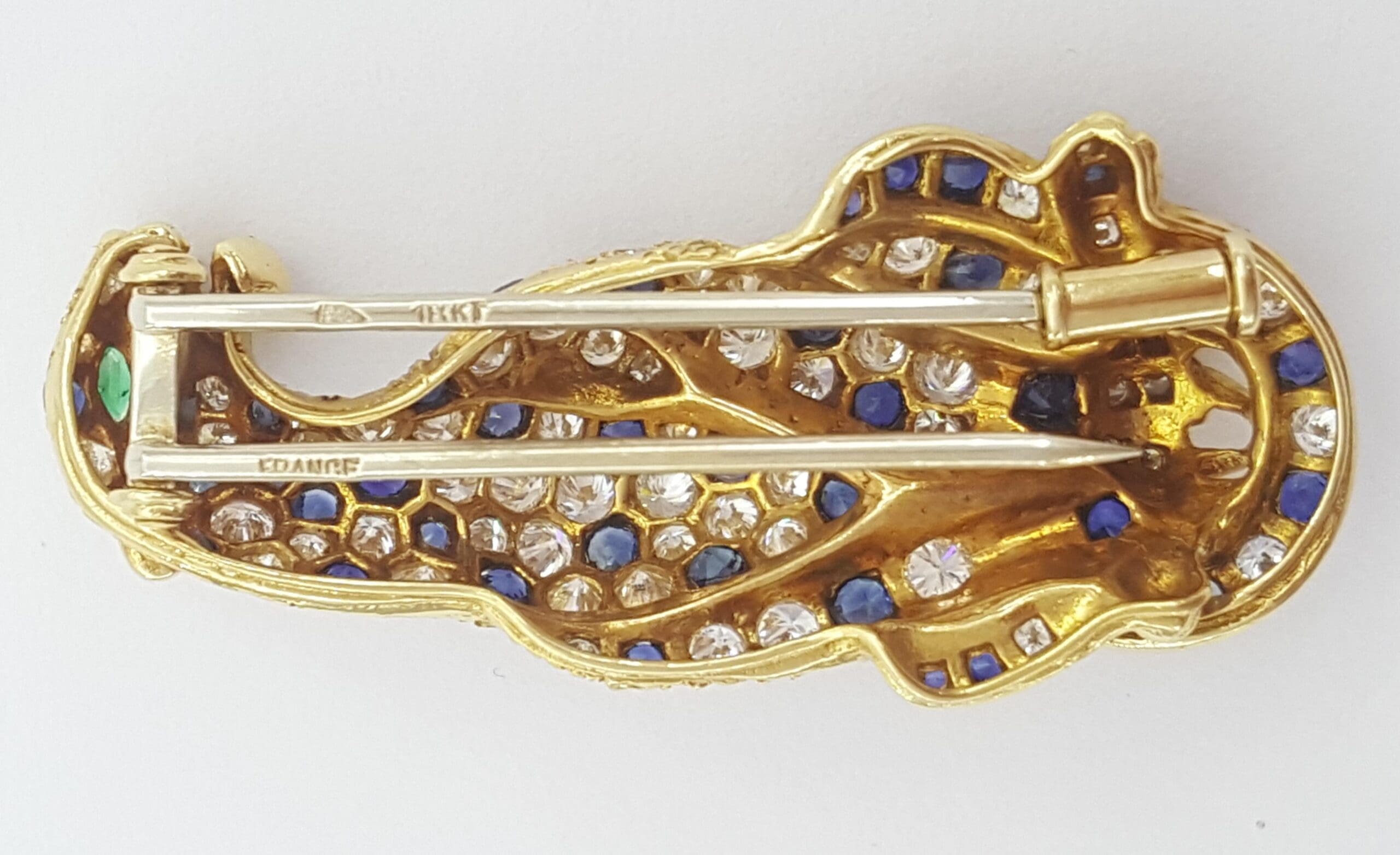 Vintage Panther Diamond Sapphire Emerald Brooch 1.9 ct 18k 1.6" French Made