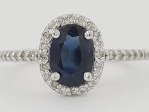 Oval Blue Sapphire & Diamond Halo 14k White Gold Engagement Ring 0.9 ct